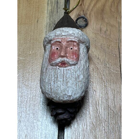 Santa Head 4.5 in Faux Wood Pine Cone Primitive Folk Christmas Holiday Ornament - Picture 1 of 6